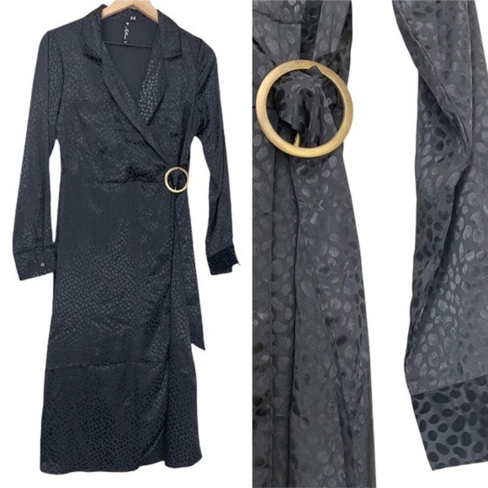 NEW Leopard Jacquard Wrap-Effect Long Sleeve Midi Dress 12 Black Vneck Sheen